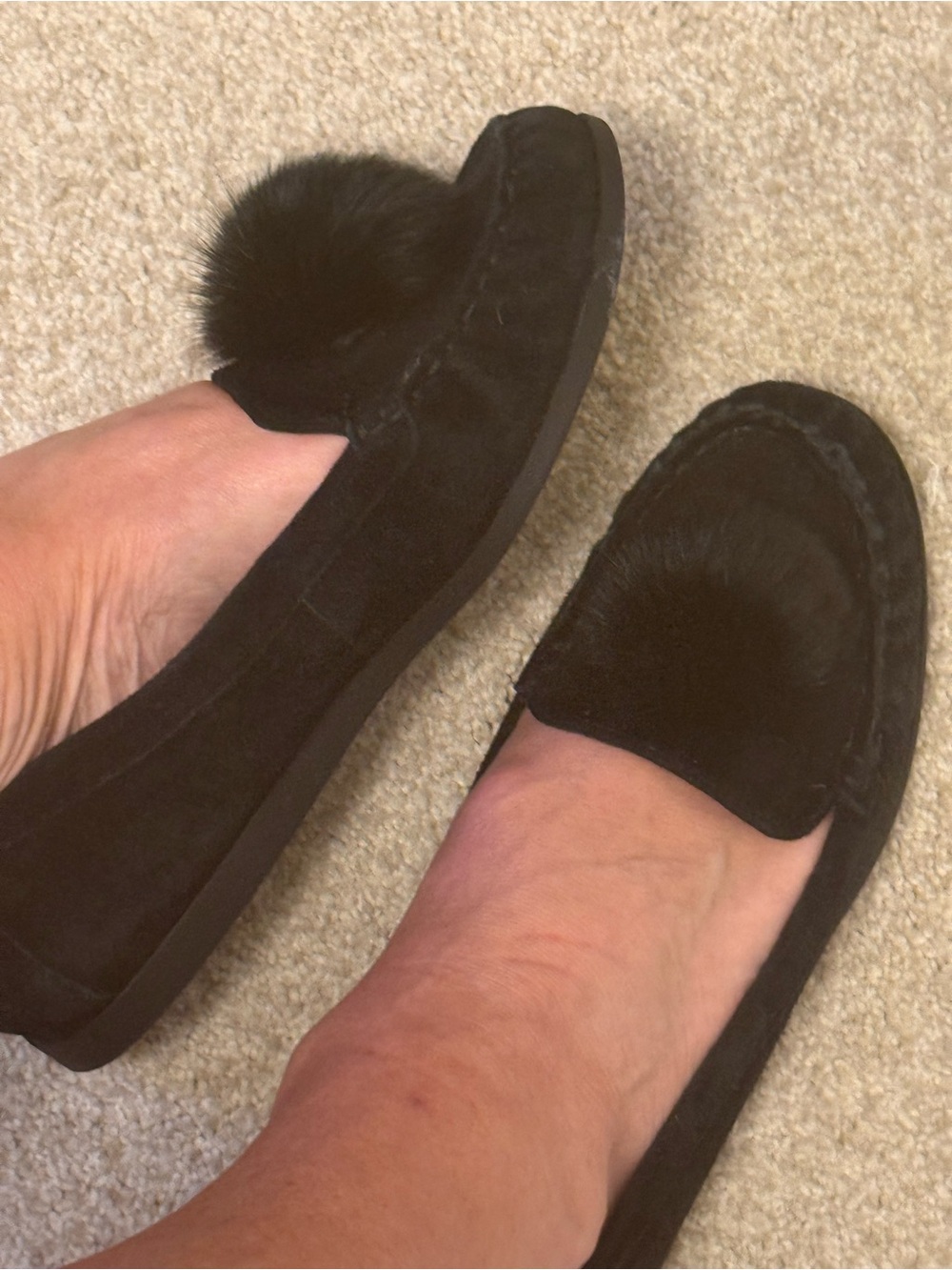 Women's Black Suede Pom-Pom Moccasin Loafers